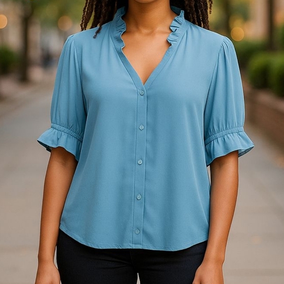 Ann Taylor Tops - ✨Ann Taylor Blue Flutter Sleeve Button Down Shirt